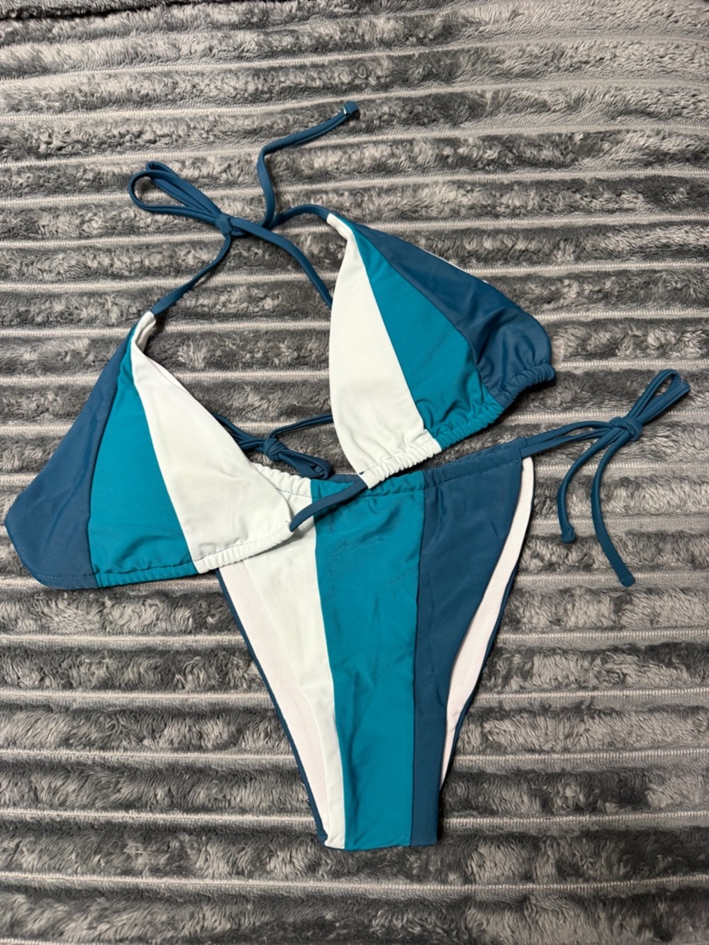 Teal & White Striped Triangle Bikini Set